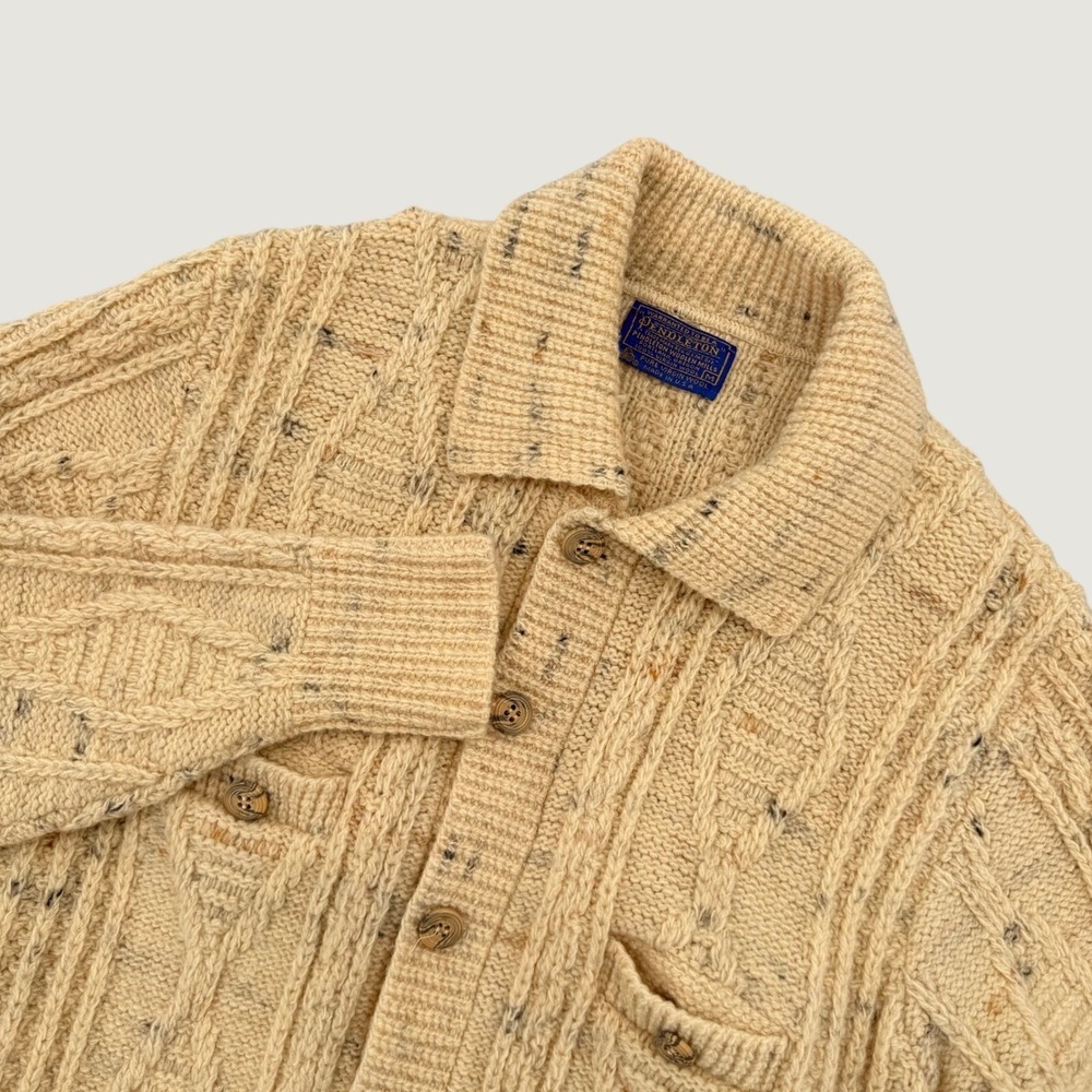 Pendleton Cardigan Womens Medium Wool Cable Knit Made in USA Vintage 70s Beige